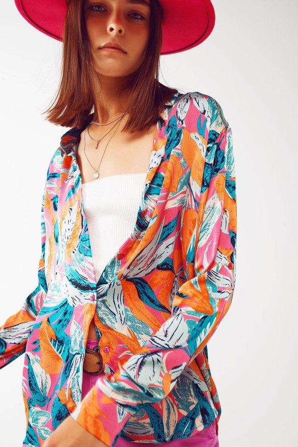 Satin Shirt in Floral Print in Orange-Top-Q2-S-Urbanheer
