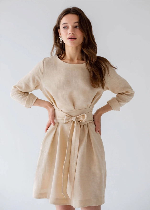 Wrap Linen Belted Beige Bridesmaid Dress For Women Mini-Dress-Nich Linen-XXS-Urbanheer