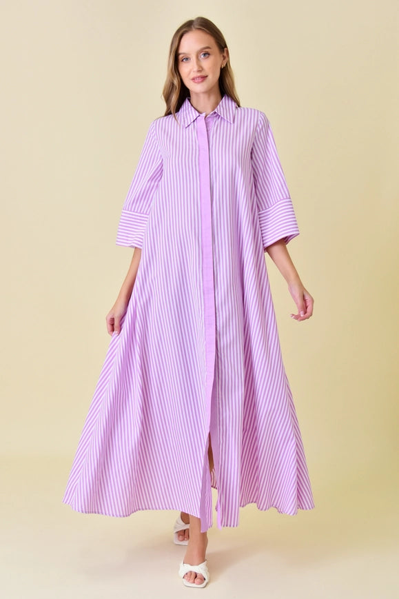 Business Casual Loose Fit Striped Maxi Shirt DRESS-Dress-Fore Collection-OFF WHITE/ORCHID-S-Urbanheer