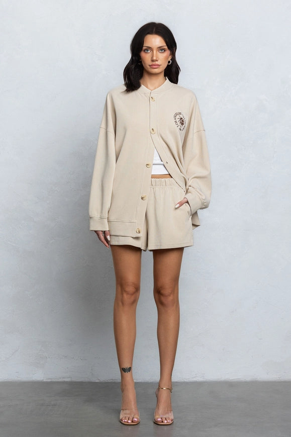 Embroidered Oversize Cardigan and Shorts Set Tan-No Vacancy-Urbanheer