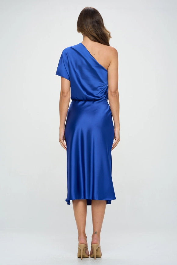 Made in USA Stretch Satin One Shoulder Dress ROYAL BLUE-Dresses-Renee C.-Small-ROYAL BLUE-Urbanheer