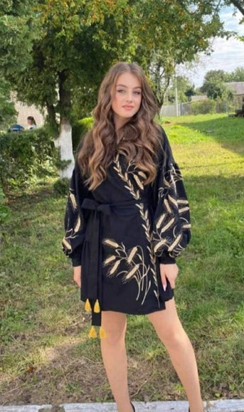 Velvet Embroidered Luxury Women'S Dress - Ear Of Wheat Black-Handmade Originals Ukraine-XS-Urbanheer