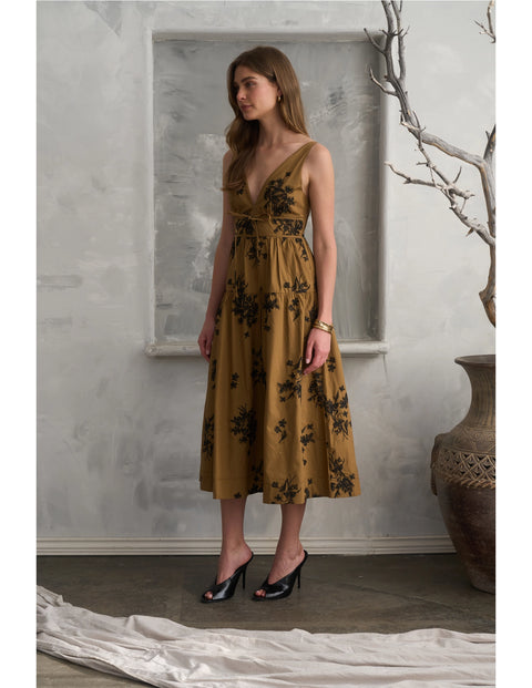 Embroidered Floral V Neck Sleeveless Midi Dress