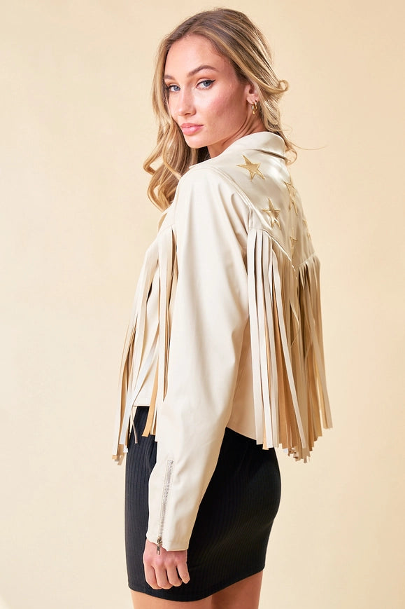 Cream Faux Leather Fringe Jacket with Gold Stars-Jacket-Saints & Hearts-S-Urbanheer