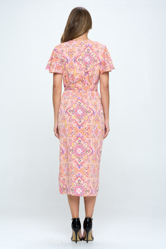 Print V Neck Dress With Tie-Renee C.-Urbanheer