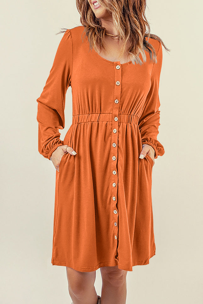 Button Down Long Sleeve Dress With Pockets-UHX-Pumpkin Spice-XL-Urbanheer