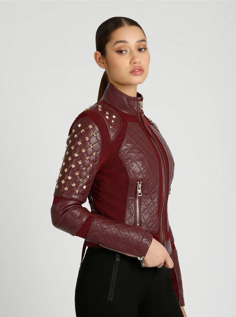 Pyramid Stud Mesh Genuine Leather Moto Jacket - Oxblood Red