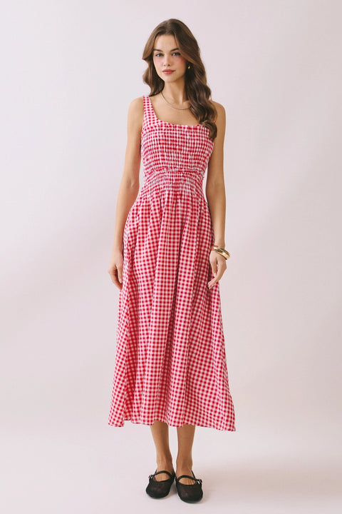 Gingham Smocked Bodice Midi Dress