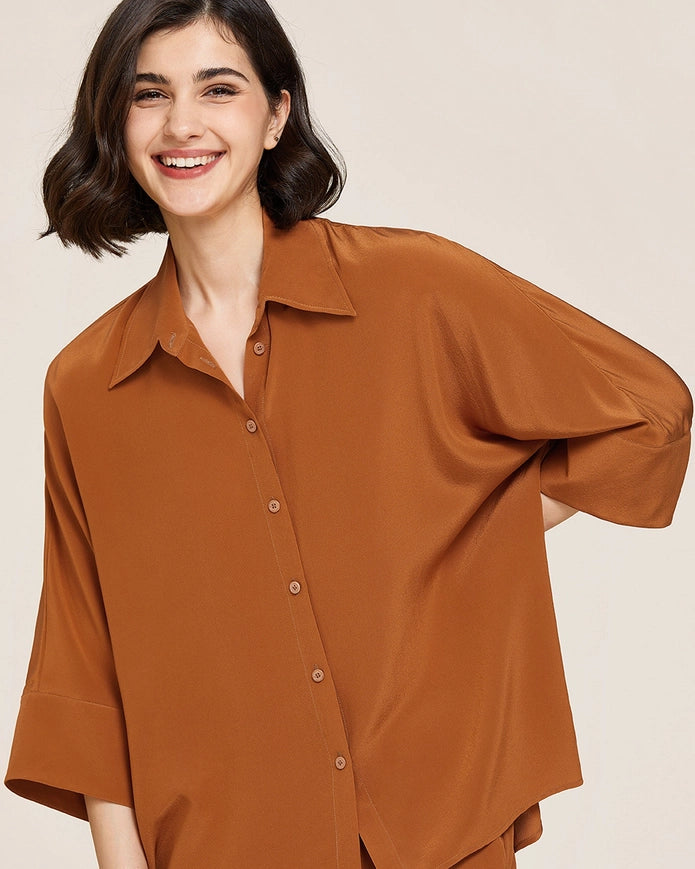 Weekend Oversize Silk Co-Ord Set Maple Syrup-Sets-MommeSilk-XS-Urbanheer