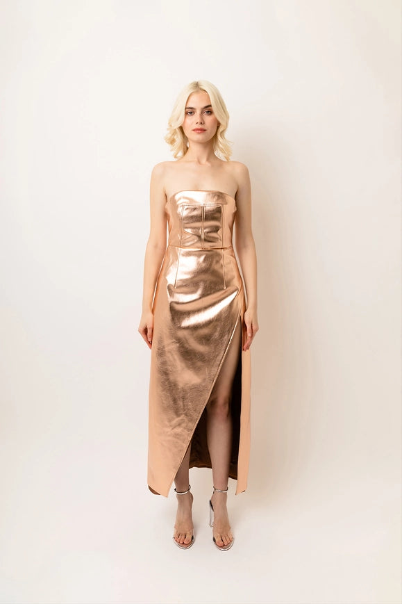 Girelle Faux Leather Rear Zip Bandeau Maxi Dress-Dress-Amy Lynn-Rose Gold-S-Urbanheer