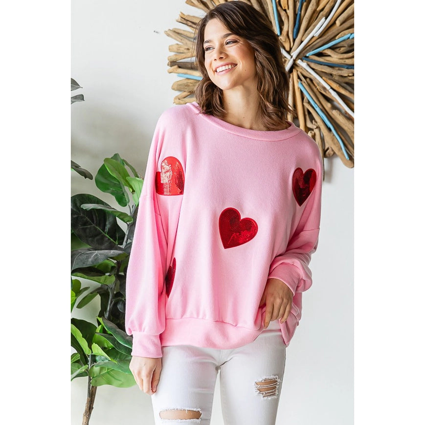 Sequined Heart Patch Sweatshirt-Sweatshirt-Peace Love Line-S-H GREY/PINK HEARTS-Urbanheer