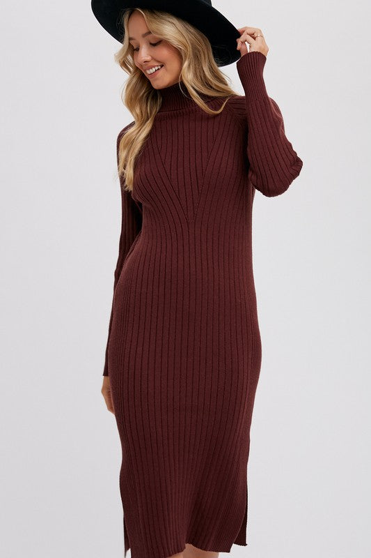 Turtleneck Ribbed Sweater Midi Dress Chocolate-Dress-Pink Irene Wholesale-S-Urbanheer