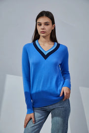 Contrasting V-Neck Cashmere Sweater-Sweater-Pissenlit-Azure-S-Urbanheer