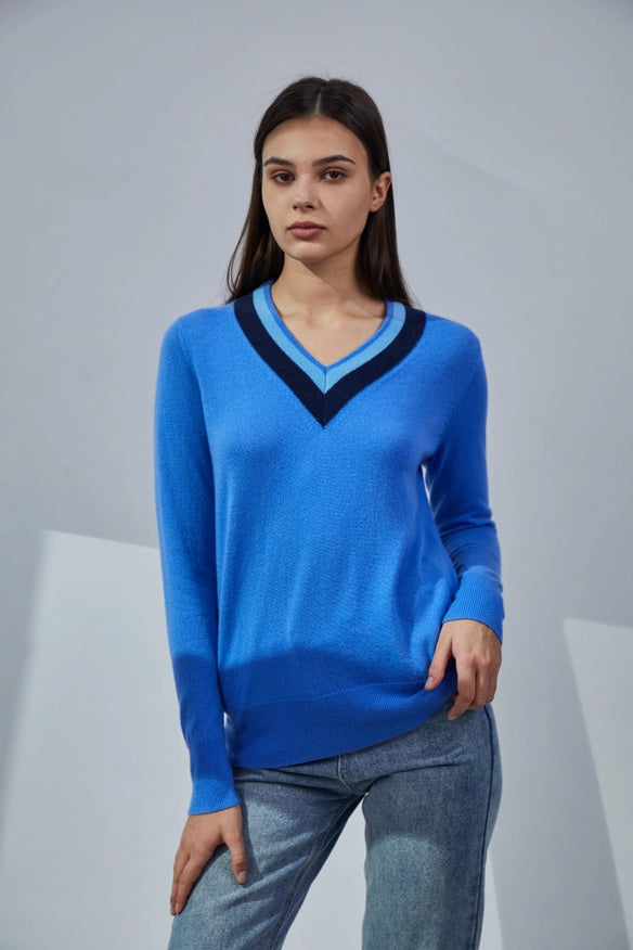 Contrasting V-Neck Cashmere Sweater-Sweater-Pissenlit-Azure-S-Urbanheer
