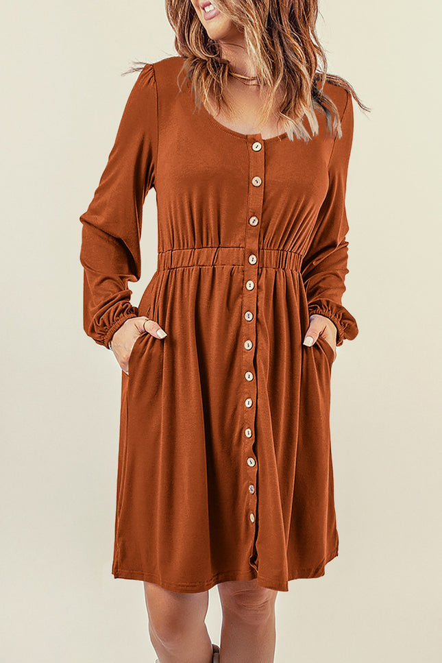 Button Down Long Sleeve Dress With Pockets-UHX-Brown-XL-Urbanheer