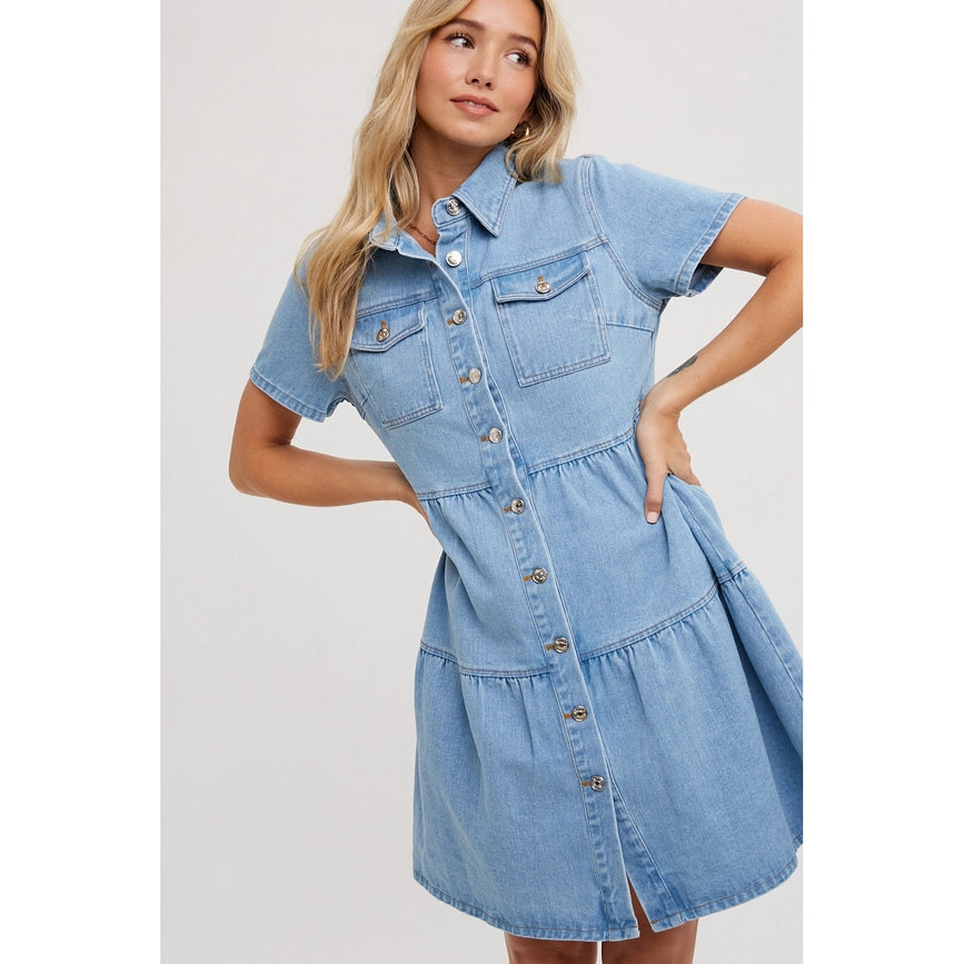Tiered Denim Shirt Dress Lt Wash-Dress-Bluivy-S-Urbanheer
