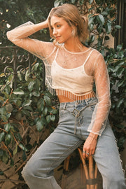Mesh Metallic Jeweled Fringe Crop Top-TOP-Blue B-WHITE-S-Urbanheer