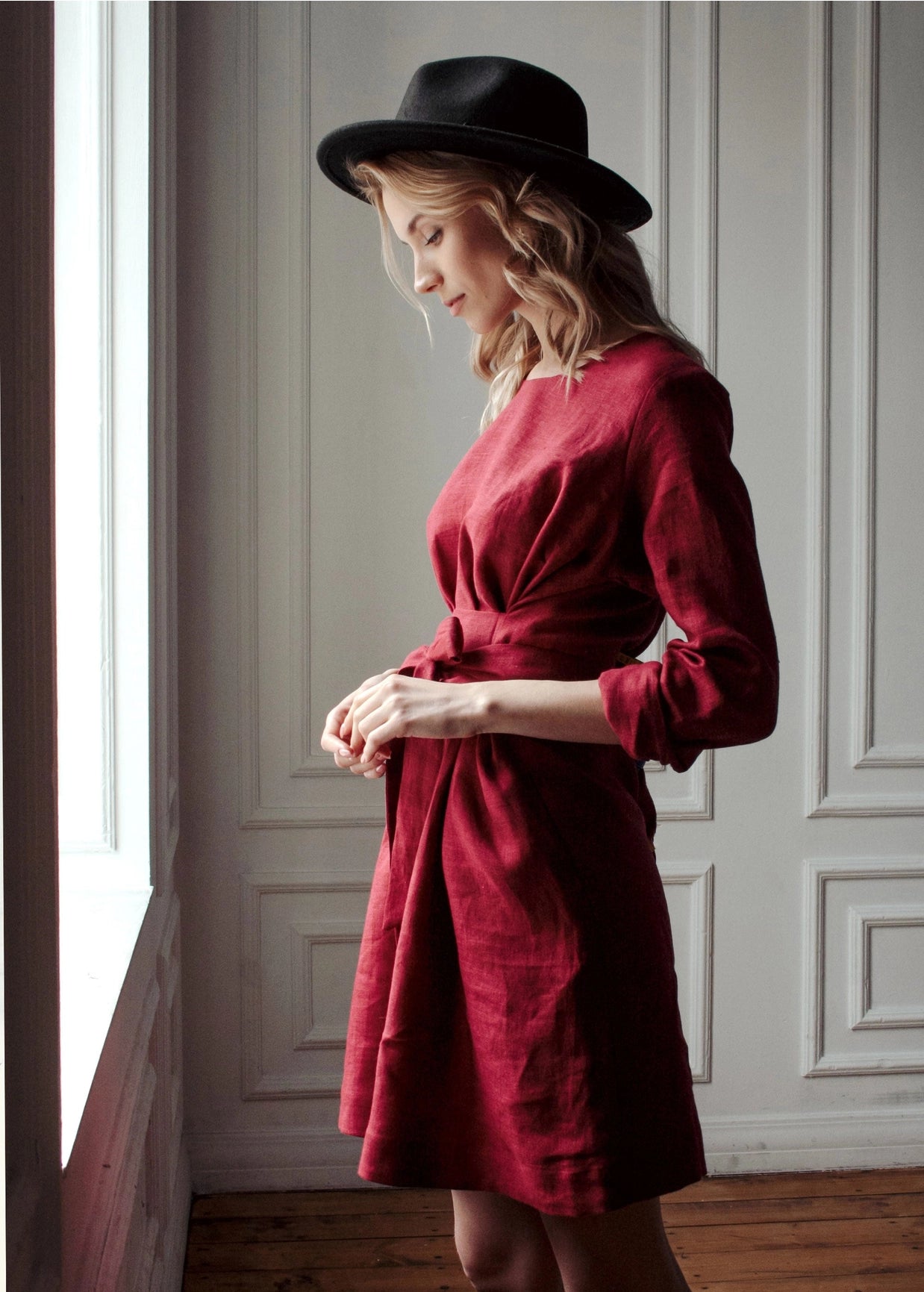 Burgundy Wrap Linen Belted Bridesmaid Dress-Clothing - Women-Nich Linen-XXS-Burgundy-Urbanheer