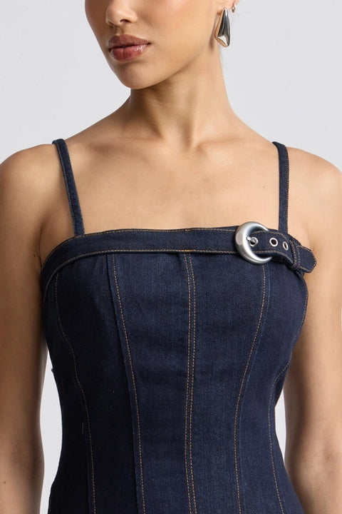 Stretch Denim Buckle Detail Midi Dress