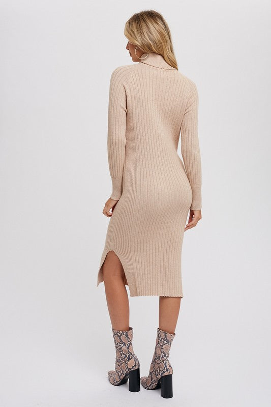 Turtleneck Ribbed Sweater Midi Dress Sand-Dress-Pink Irene Wholesale-S-Urbanheer