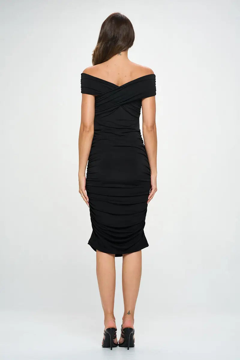 Solid Off Shoulder Midi Bodycon Dress W/ Ruched-Renee C.-S-Urbanheer