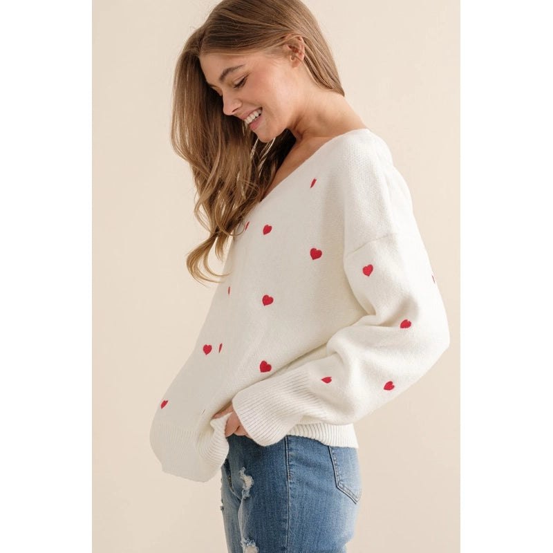 Plus Size Heart Pattern Boxy Knit Pullover Sweater White-SWEATER-Pink Irene Wholesale-1X/2X-Urbanheer