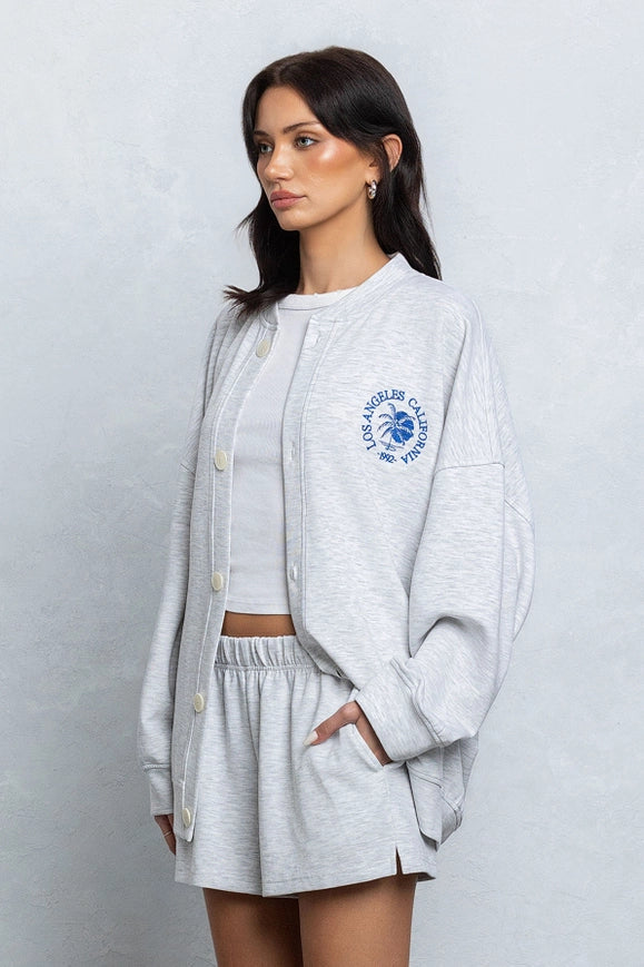 Embroidered Oversize Cardigan and Shorts Set H. Grey-Sets-No Vacancy-S-Urbanheer