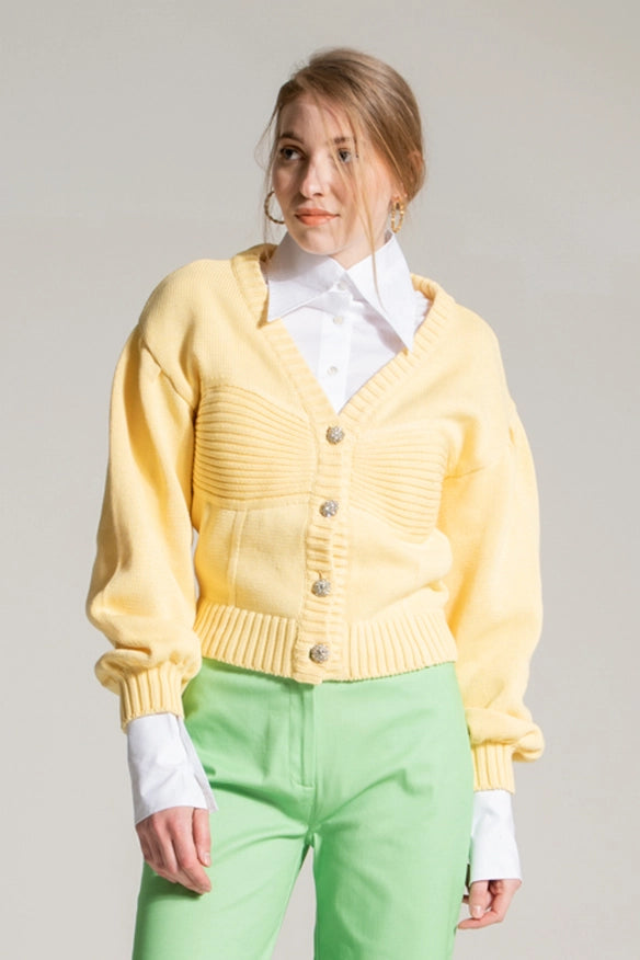 Yellow Cardigan With Jewel Buttons-Cardigan-Nicole Baratta-Urbanheer