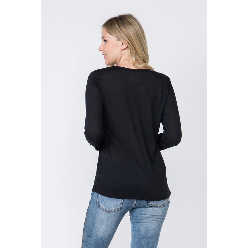 Western Style Long Sleeve Top with Eyelet Trim Black-Top-Vocal-S-Urbanheer