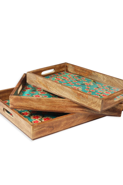 Blissful Blooms Resin And Wood Decorative Trays (Set Of 3)-Tiramisu-Urbanheer