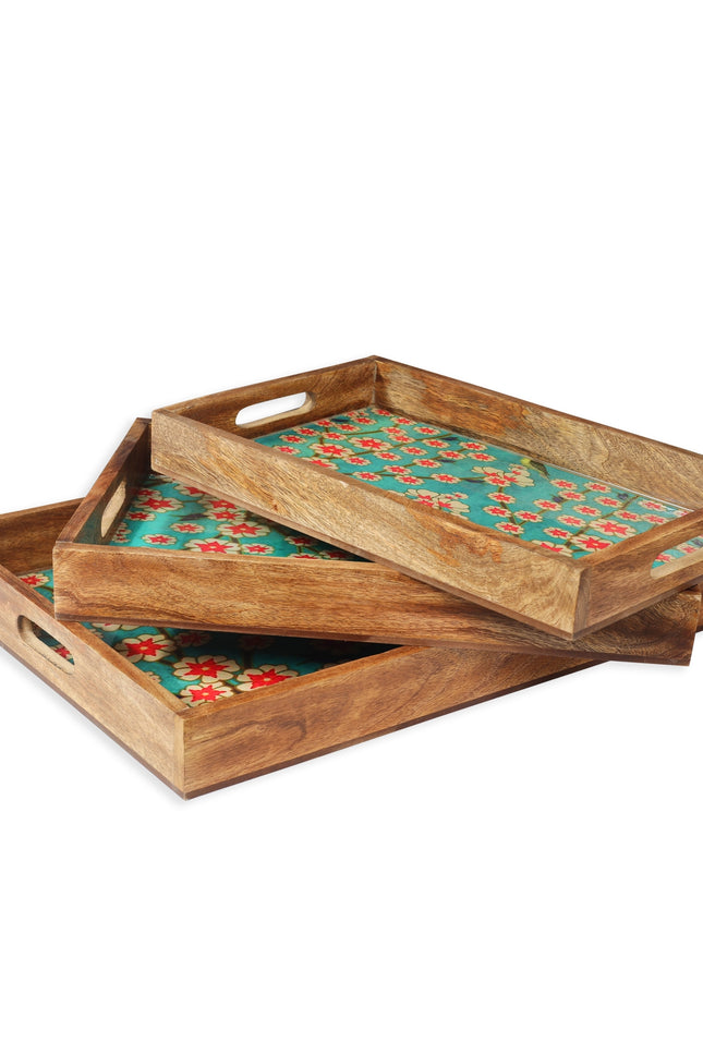 Blissful Blooms Resin And Wood Decorative Trays (Set Of 3)-Tiramisu-Urbanheer