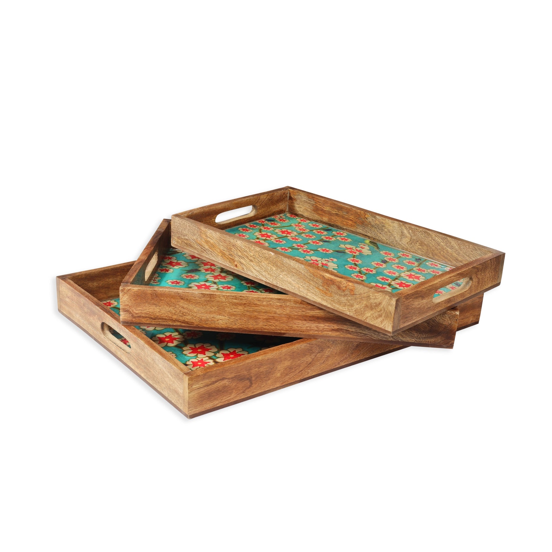 Blissful Blooms Resin And Wood Decorative Trays (Set Of 3)-Tiramisu-Urbanheer