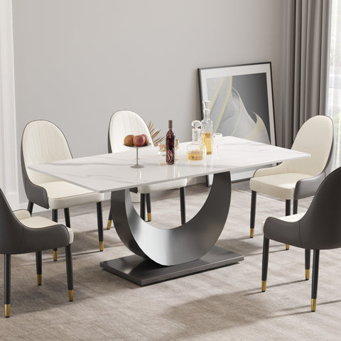 White Sintered Stone Dining Table with Moon-Shaped Stainless Steel Base