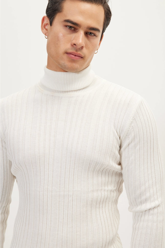 Roll Neck Ribbed Sweater - White-Clothing - Men-Ron Tomson-Urbanheer