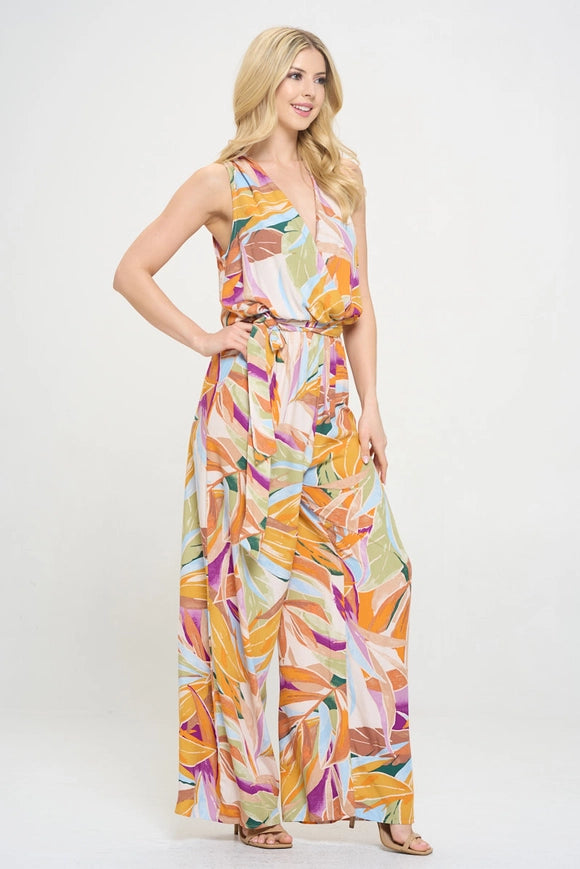 Made in USA Print V Neck Sleeveless Jumpsuit with Tie Coral-Jumpsuit-Renee C.-Coral-S-Urbanheer