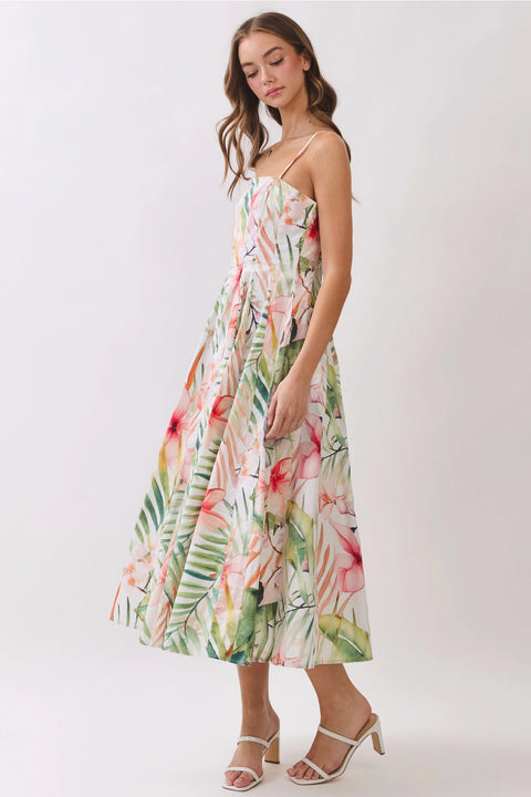 Tropical Botanical Print Pleated Detail Midi Dress