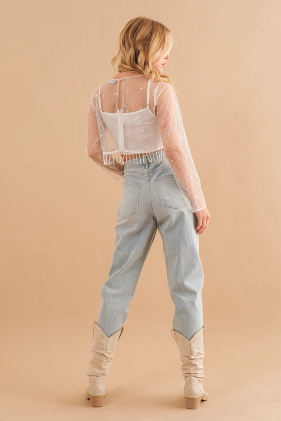 Mesh Metallic Jeweled Fringe Crop Top-TOP-Blue B-WHITE-S-Urbanheer