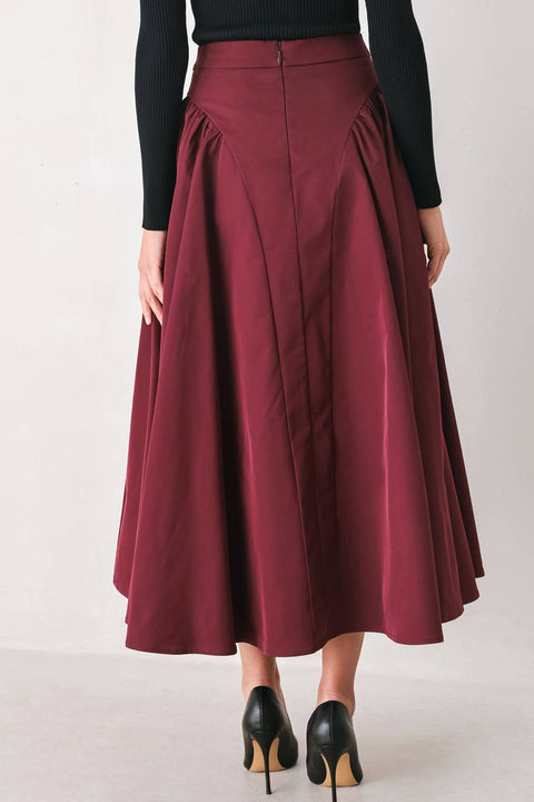 A Solid Woven Midi Skirt - Burgundy