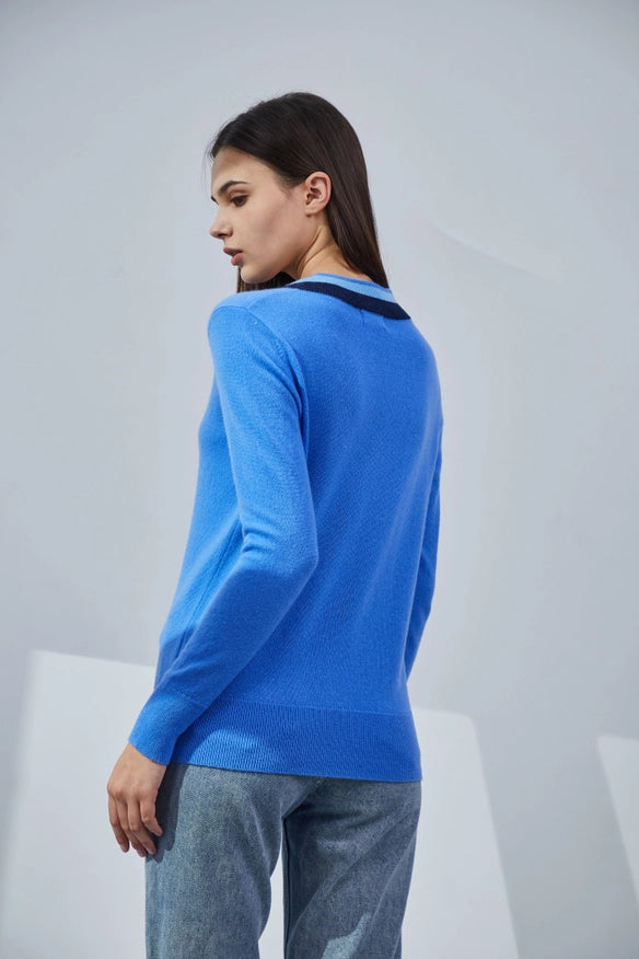 Contrasting V-Neck Cashmere Sweater-Sweater-Pissenlit-Azure-S-Urbanheer