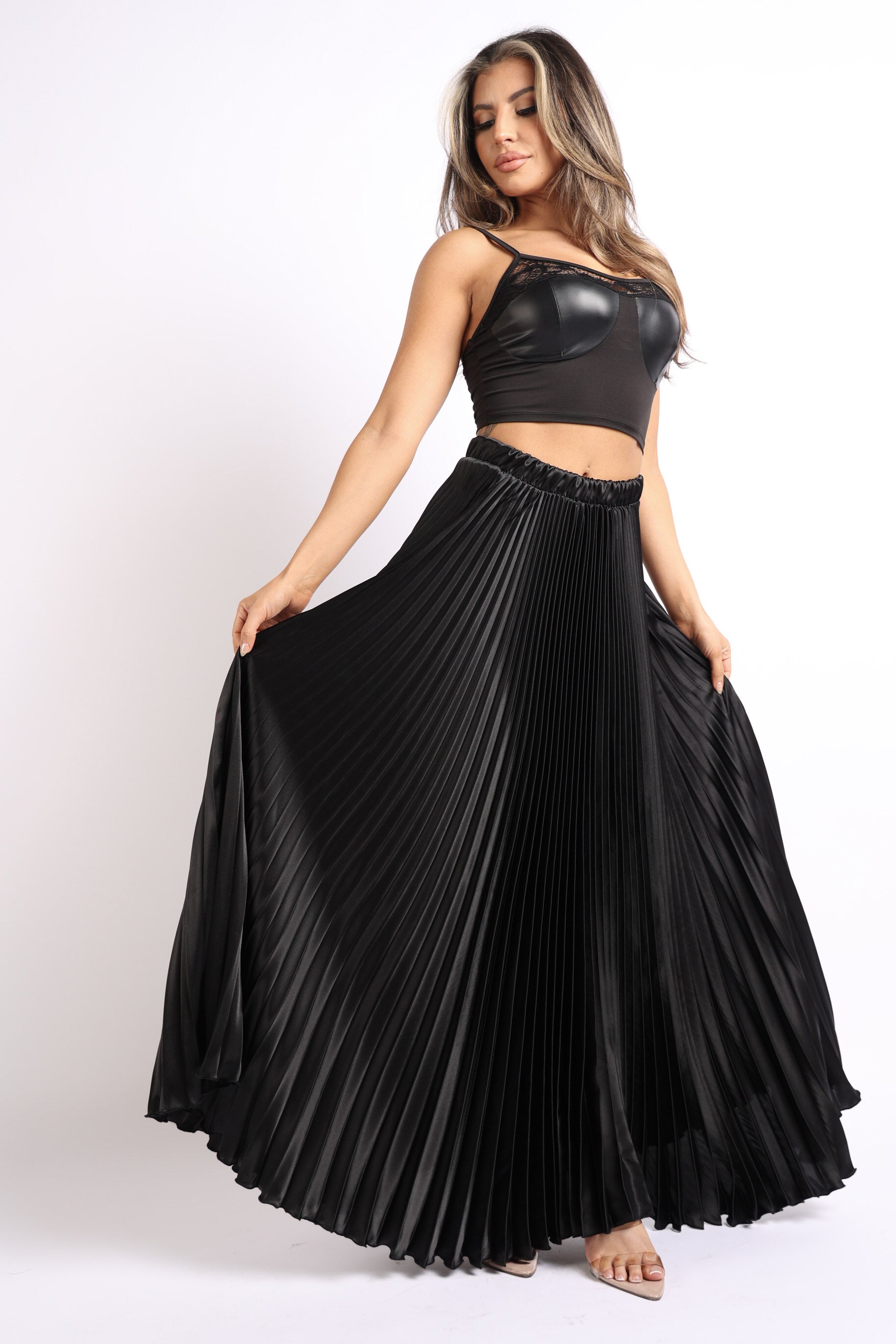 Elastic High Waist A-Line Pleated Satin Maxi Skirt Black-Puce Juniper-SMALL-BLACK-Urbanheer