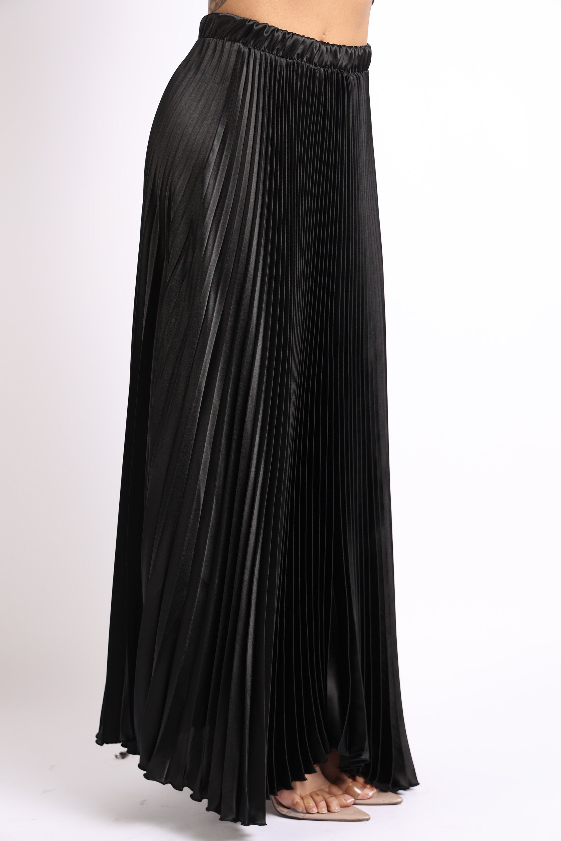 Elastic High Waist A-Line Pleated Satin Maxi Skirt Black-Puce Juniper-SMALL-BLACK-Urbanheer