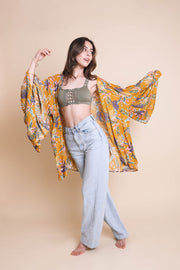 Tropical Leaves Draped Sleeve Kimono-Periwinkle Aether-White-Urbanheer