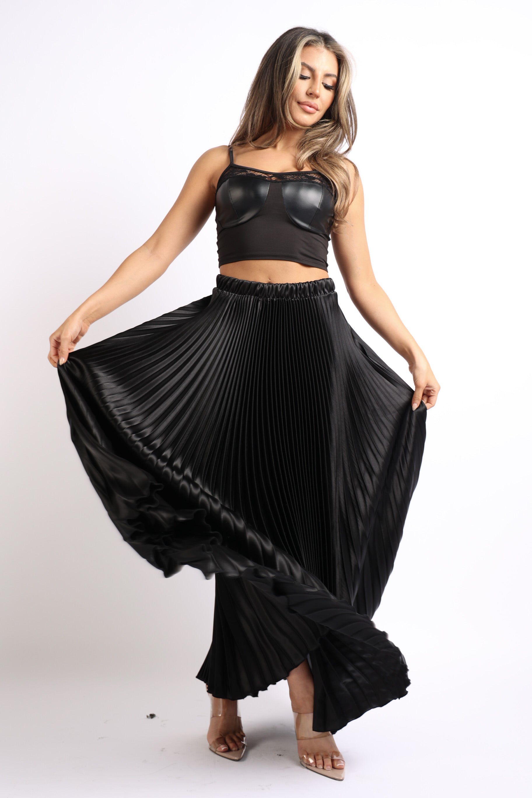 Elastic High Waist A-Line Pleated Satin Maxi Skirt Black-Puce Juniper-SMALL-BLACK-Urbanheer