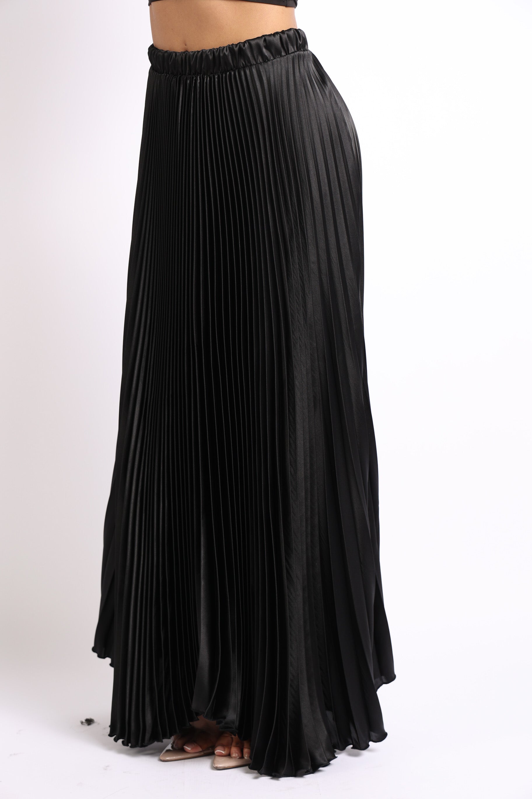 Elastic High Waist A-Line Pleated Satin Maxi Skirt Black-Puce Juniper-SMALL-BLACK-Urbanheer
