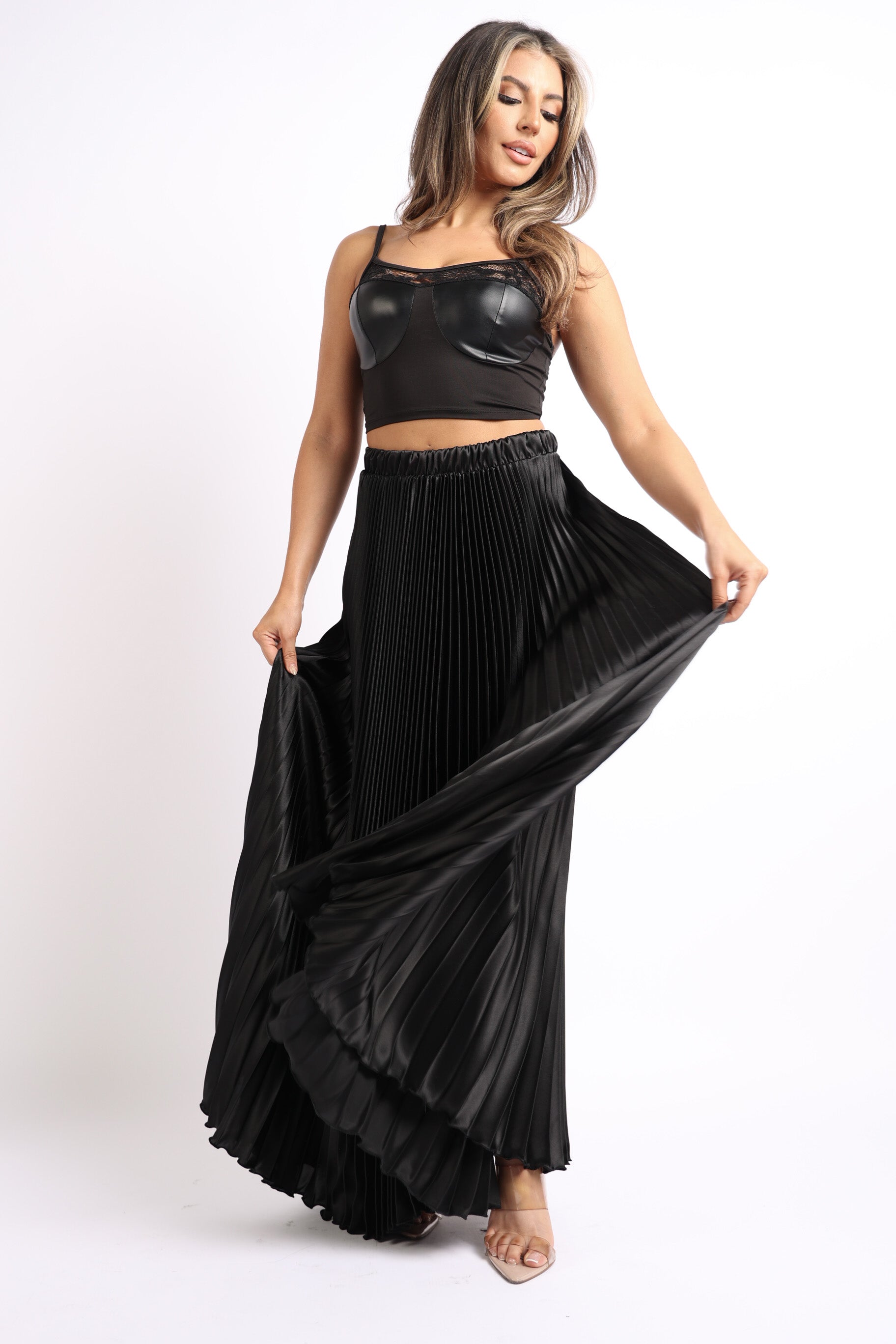 Elastic High Waist A-Line Pleated Satin Maxi Skirt Black-Puce Juniper-SMALL-BLACK-Urbanheer