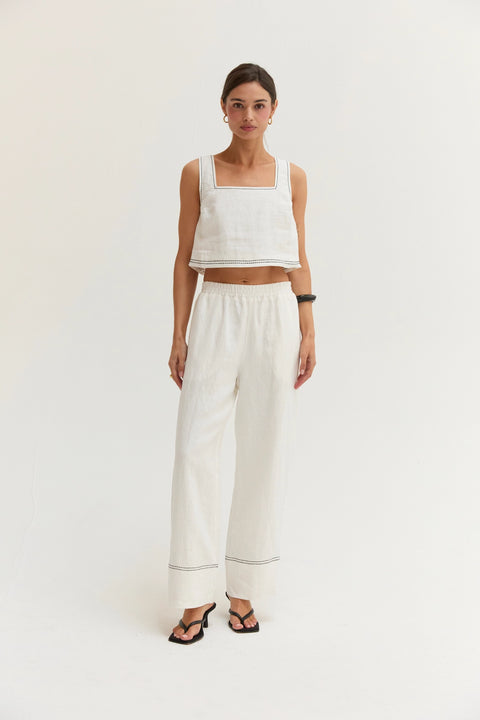 Devin Contrast Stitch Cropped Top & Pants Linen Set