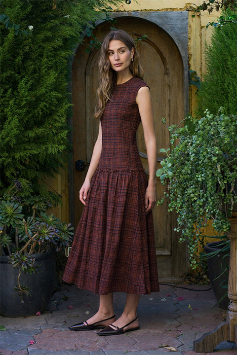 Smocked Bodice Sleeveless Plaid Midi Dress