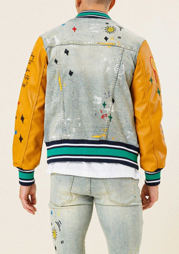 All Over Embroidered Varsity Denim Jacket-Jacket-First Row-Urbanheer