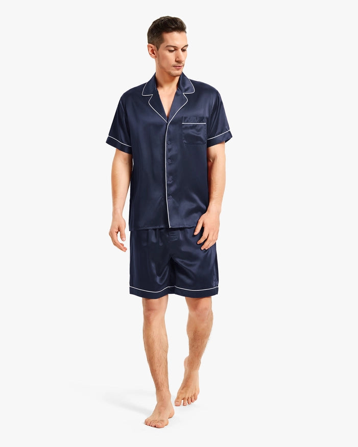 Piped Silk Short Pajamas Navy Blue-Sets-MommeSilk-XS-Urbanheer