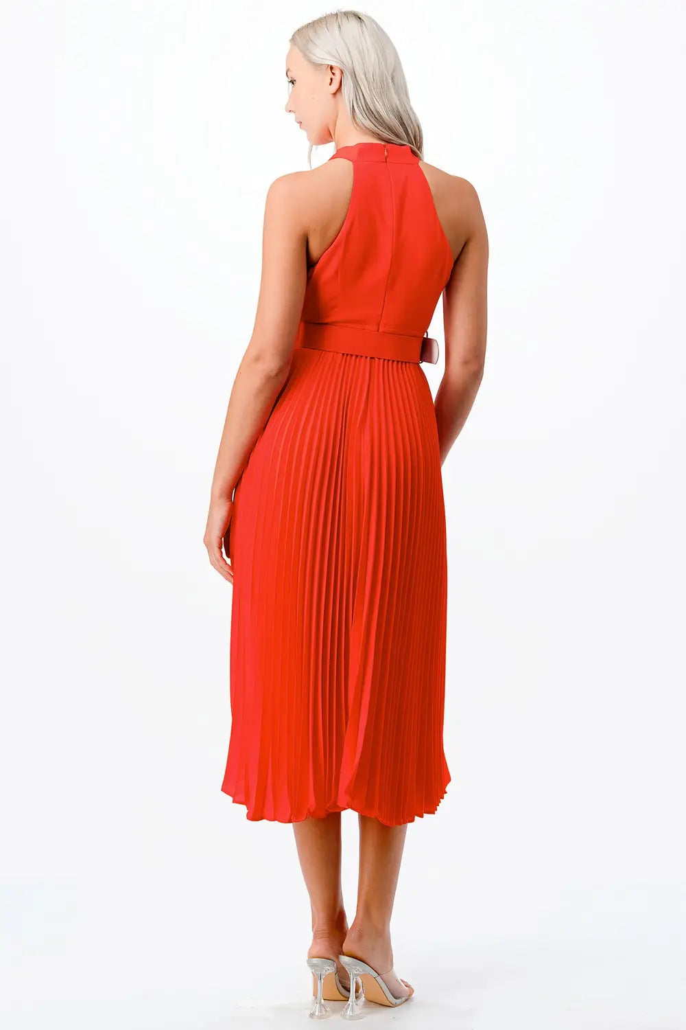 Cross Over Pleats Midi Dress- Orange-Clothing - Women-Neon Blush-S-Orange-Urbanheer